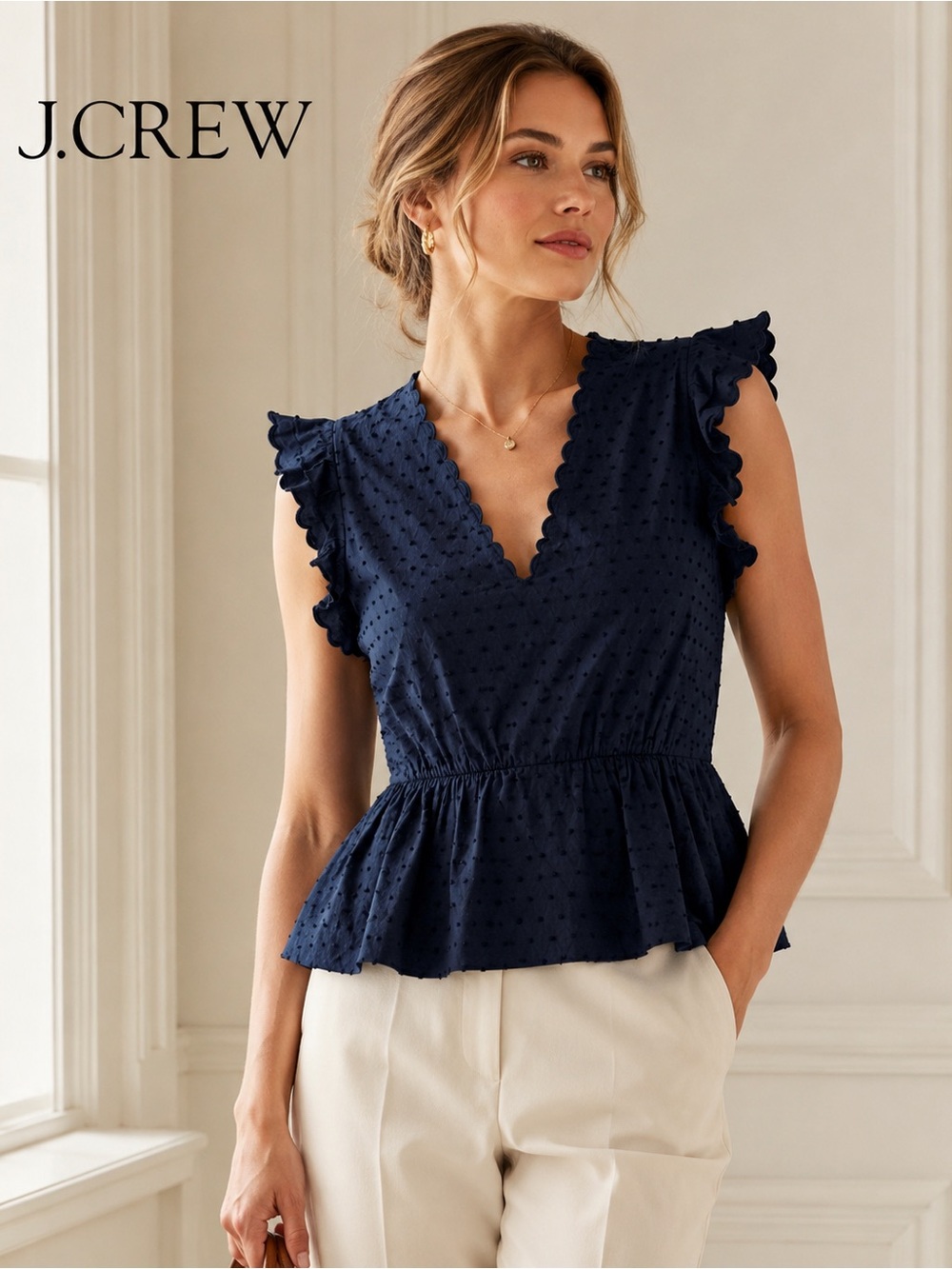 NWT J.Crew Women’s 12 Tall Navy Swiss Dot Ruffle Peplum Top Cotton Preppy